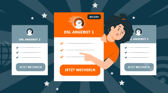 Eine Frau schaut zwischen drei übergroßen Angebotstafeln für DSL-Tarife hervor. Sie plant einen Anbieterwechsel.