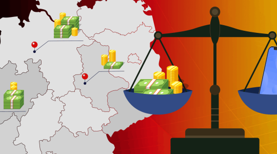 Smartphone wird gegen Bargeld abgewogen: Die Deutschlandkarte im Hintergrund zeigt an, dass die Deutschen in den einzelnen Bundesländern unterschiedlich hohe Summen in ein neues Handy investieren.