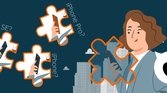 Eine Frau schaut auf ihr Handy. Sie ist umgeben von Puzzle-Teilen, auf denen verschiedene iPhone-Modelle zu sehen sind.