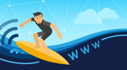 Ein Surfer gleitet auf einer blauen O2-Welle durchs Internet.