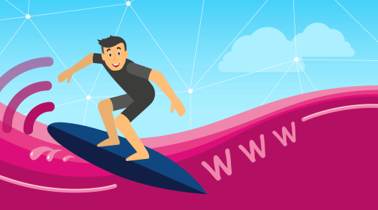 Ein Surfer reitet auf einer Magenta-farbenen Welle durchs Internet. Die Welle steht für die Telekom Magenta-Zuhause-Tarife.
