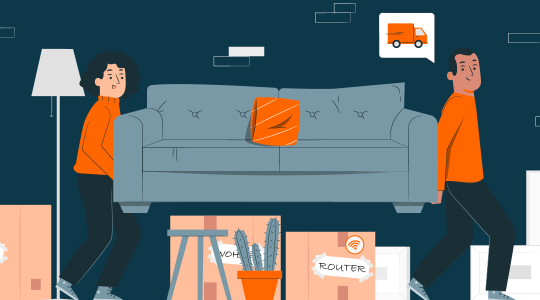 Umzug und Internetanschluss: Zwei Leute tragen ein Sofa aus der Wohnung. Im Vordergrund stehen mehrere Kartons. Einer ist beschriftet mit Router.