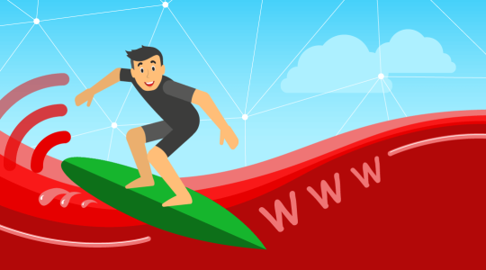 Ein Surfer gleitet auf einer roten Vodafone-Welle durchs Internet.