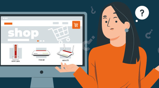 Eine Frau steht ratlos vor einem Computerbildschirm, auf dem ein Online-Shop zu sehen ist. Sie fragt sich, welche Fritzbox die beste für ihren Internetanschluss ist.