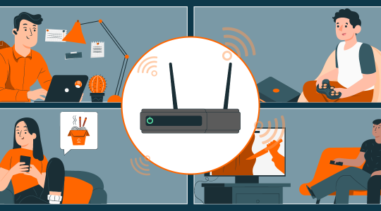 In einem Kreis in der Mitte des Bildes ist ein WLAN-Router zu sehen. In vier Kacheln darum herum sind Nutzer zu sehen, die auf verschiedene Weisen aufs Internet zugreifen: zum Arbeiten, zum Spielen, zum Streamen oder zum Chatten.