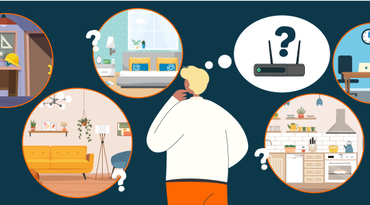 Ein Mann steht mit dem Rücken zum Betrachter. Um ihn herum sind in mehreren Sprechblasen ein WLAN-Router und verschiedene Zimmer seiner Wohnung zu sehen. Er überlegt, wo er den Router für den besten Empfang platziert.