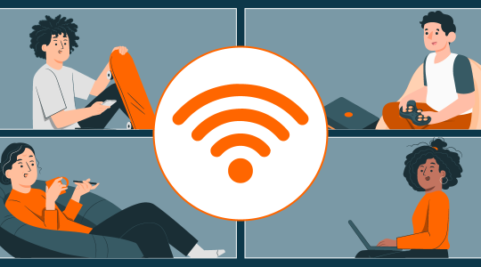 Um ein großes WLAN-Symbol gruppieren sich vier Internetnutzende, die am Laptop arbeiten an der Konsole spielen, mit dem Smartphone surfen oder telefonieren.