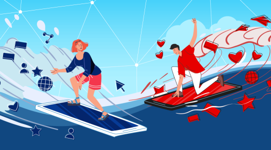 Zwei Nutzer surfen auf einem O2-blauen Handy und auf einem Vodafone-roten Smartphone.