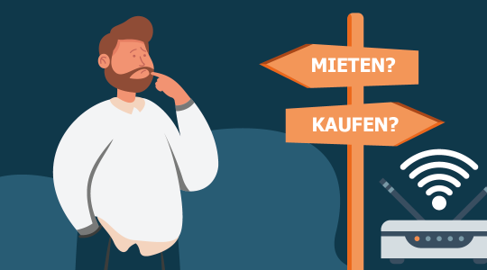 Ein Mann schaut fragend auf einen WLAN-Router und einen Wegweiser, auf dem Mieten oder Kaufen steht.