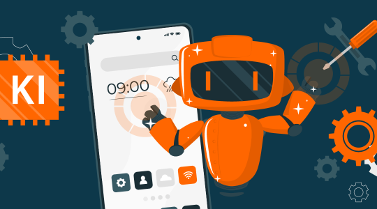 Neben einem Smartphone-Display sind ein KI-Roboter und ein KI-Chip zu sehen.