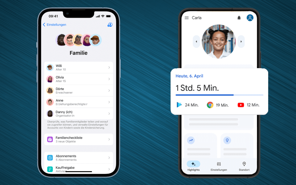 Zwei Smartphone-Bildschirme sind zu sehen: Sie zeigen die Menüs von Apples Familienfreigabe und Googles Family Link.