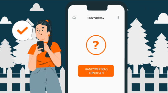 Eine Frau steht im Garten mit ihrem Smartphone in der Hand. Neben ihr ist in Großaufnahme das Display zu sehen, das einen Kündigungsbutton für einen Handyvertrag zeigt.