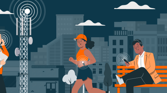 Zu sehen ist eine urbane Szene. Im Hintergrund sendet ein Funkmast Signale. I Vordergrund telefoniert ein Mann mit dem Handy, eine Frau joggt mit Smartwatch, ein weiterer Mann sitzt auf einer Parkbank und surft auf seinem Smartphone.
