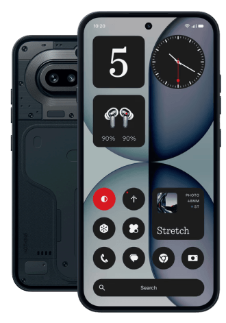 Vor- und Rückseite des 6,78" großen Nothing Phone (4a) mit einer Glyth Bar aus LEDs auf der Rückseite.