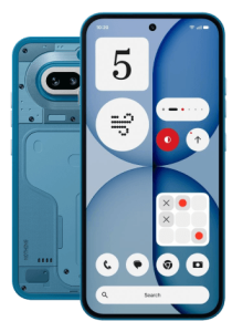 Nothing Phone 4a in Blau in der Front und Rückansicht