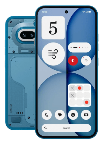 Nothing Phone 4a in Blau in der Front und Rückansicht