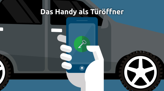 Auf dem Smartphone-Display ist ein Schlüssel zu sehen. Im Hintergrund steht das Auto, das per digitalem Autoschlüssel geöffnet wird.