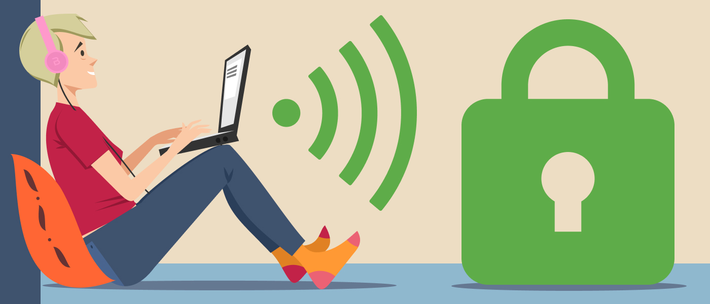 ratgeber-wlan-sicherheit Eine Frau surft am Laptop. Die Verbindung zum Internet stellt das drahtlose Heimnetzwerk her. Ein grünes Schloss symbolisiert: Das WLAN ist gut gesichert.