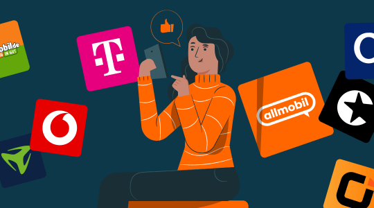 Ein Mann ist umgeben von den Logos verschiedener Handyanbieter.