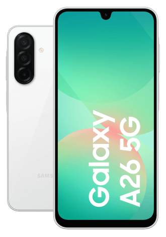Vor- und Rückseite des Samsung Galaxy A26 in weiß