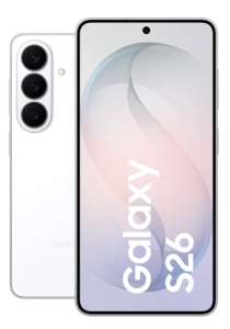 Vor- und Rückseite des Samsung Galaxy S26 in weiß