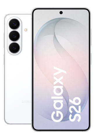 Vor- und Rückseite des Samsung Galaxy S26 in weiß