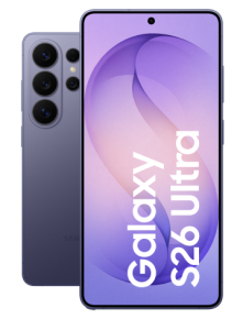 Samsung Galaxy S26 Ultra in Cobalt Violet, Frontansicht vor Rückansicht