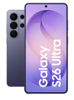 Samsung Galaxy S26 Ultra in Cobalt Violet, Frontansicht vor Rückansicht