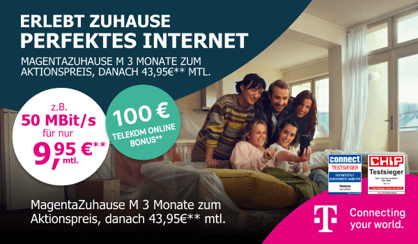 Telekom-Werbung f�r Internet: 50 MBit/s f�r 9,95 Euro monatlich, danach 43,95 Euro. Zus�tzlich 100 Euro Telekom Online Bonus.