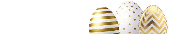Drei dekorierte Ostereier in Gold und Weiß.