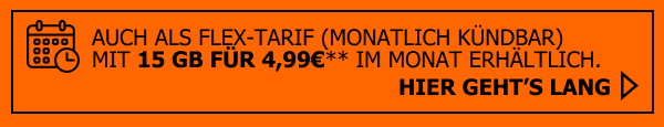 Sichere Dir den Allmobil S Tarif in der Flex-Variante. Monatlich k�ndbare 15 Gigabyte f�r nur 4,99.