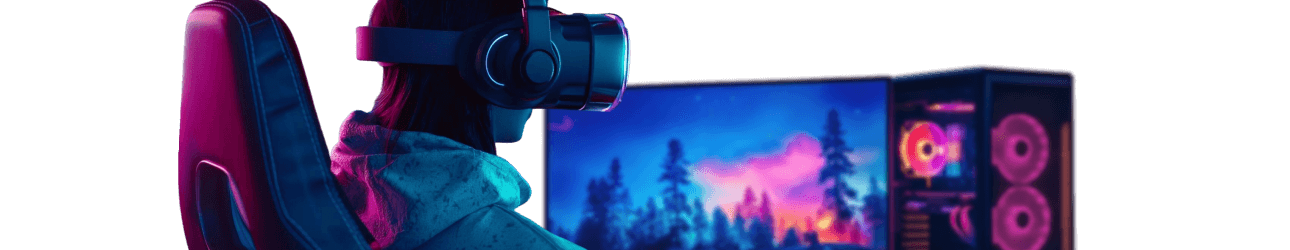 Person mit VR-Headset und Kopfh�rern sitzt in einem Gaming-Stuhl vor einem leuchtenden Monitor und einem PC mit bunter RGB-Beleuchtung.