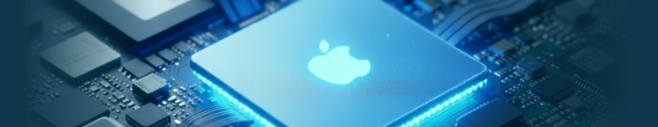 Leuchtender Chip mit Apple-Logo auf einer Platine, umgeben von elektronischen Bauteilen.