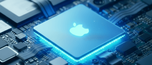 Leuchtender Chip mit Apple-Logo auf einer Platine, umgeben von elektronischen Bauteilen.