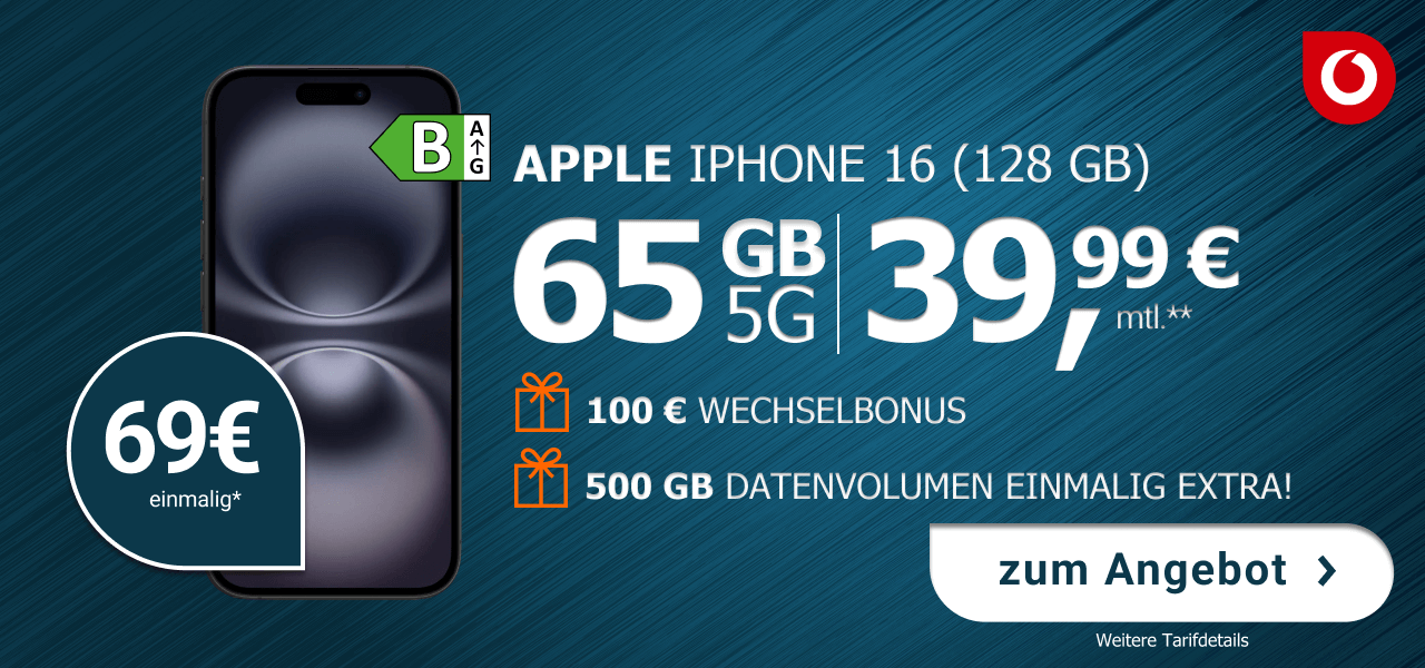 Apple Iphone 16 mit 128GB Speicher fr einmalig 69 Euro. 65 GB Datenvolumen fr 39,99 Euro im Monat.