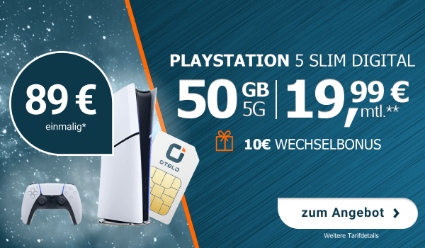 Werbebanner: PlayStation 5 Slim Digital mit Otelo-Tarif, 50 GB 5G fr 19,99 Euro monatlich, 89 Euro einmalig, 10 Euro Wechselbonus.