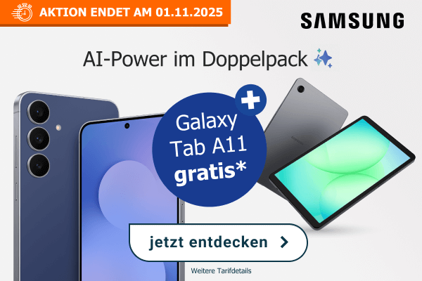 Samsung Aktion: Beim Kauf eines Galaxy S25 oder S25FE gibt es ein Galaxy Tab A11 gratis dazu – AI-Power im Doppelpack. Aktion gültig bis 01.11.2025.