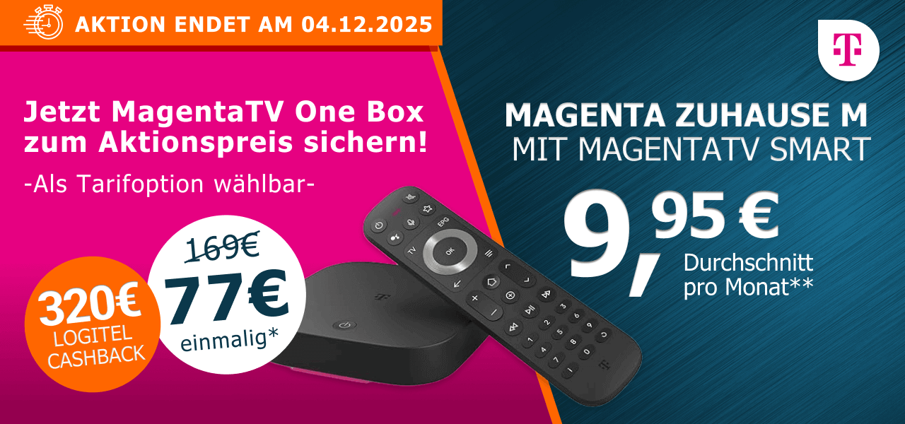 Magenta Zuhause M mit MagentaTV Smart fr 9,95 Euro durchschnittlich pro Monat. Aktion endet am 4. Dezember 2025. Zustzlich erhltlich: MagentaTV One Box zum Aktionspreis von 77 Euro einmalig statt 169 Euro. 320 Euro Logitel Cashback.