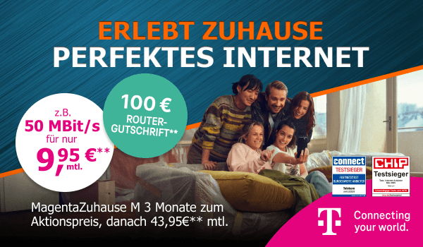 Telekom-Werbung für Internet: 50 MBit/s für 9,95 Euro monatlich, danach 43,95 Euro. Zusätzlich 100 Euro Router-Gutschrift.