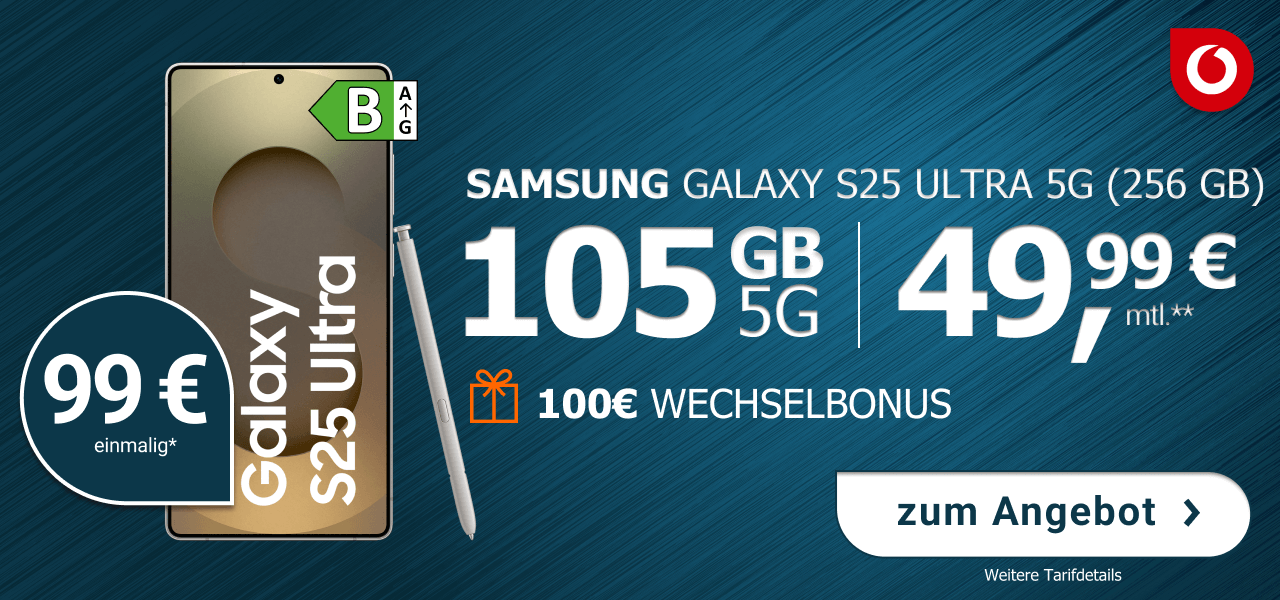 Samsung Galaxy S25 Ultra mit 256 GB Speicher fr einmalig 99 Euro. 105 GB Datenvolumen fr 49,99 Euro Monatlich.
