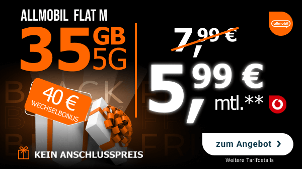 Hole Dir einen Allmobil Tarif - jetzt mit 5G, schon ab 5 Euro 99 mit 35 GB Datenvolumen und 40 Euro Wechselbonus.