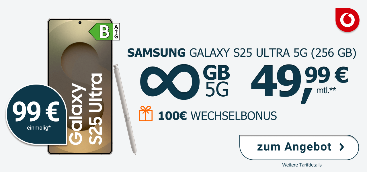 Samsung Galaxy S25 Ultra mit 256 GB Speicher fr einmalig 99 Euro. Unlimited Datenvolumen fr 49,99 Euro Monatlich.