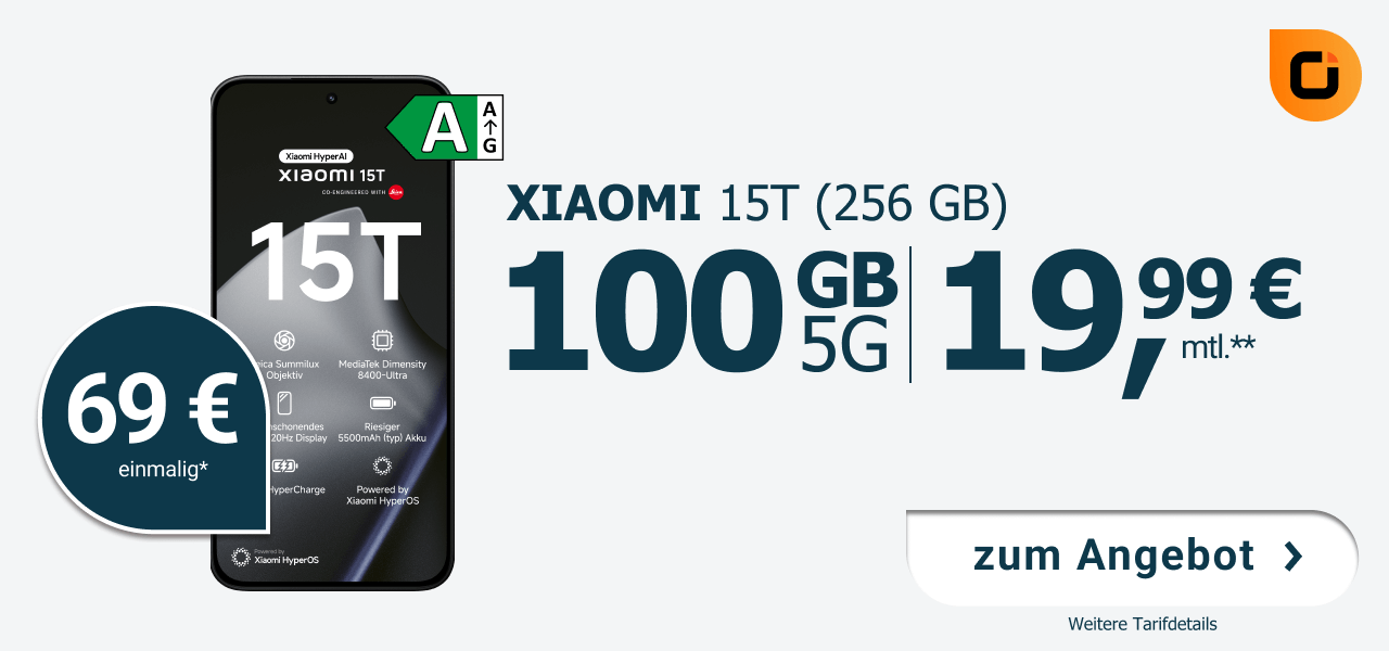 Angebot mit dem neuen Xiaomi 15T und 100 Gigabyte bei der Otelo fr nur 19,99 Euro monatlich!