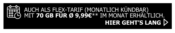 Sichere Dir den Allmobil L Tarif in der Flex-Variante. Monatlich kndbare 70 Gigabyte fr nur eff. 9,99