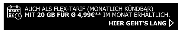 Sichere Dir den Allmobil S Tarif in der Flex-Variante. Monatlich kndbare 20 Gigabyte fr nur eff. 4,99 Euro.