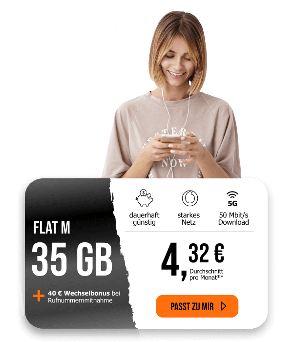 Sichere Dir den Allmobil M Tarif. 35 Gigabyte fr nur eff. 4,32 monatlich.