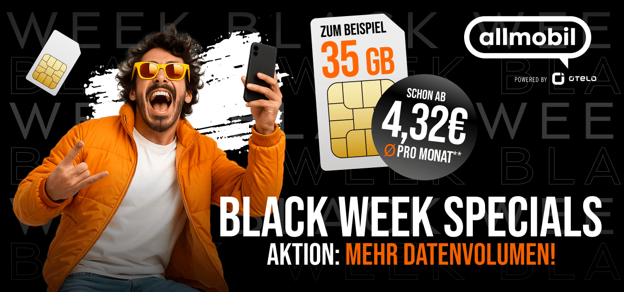 Entdecke die Black-Week-Angebote bei Allmobil  zum Beispiel 35 GB Datenvolumen fr durchschnittlich 4,32 Euro im Monat.