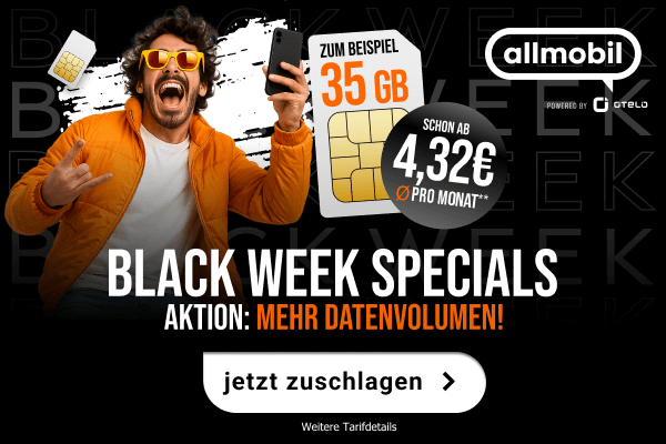 Entdecke die Black-Week-Angebote bei allmobil  zum Beispiel 35 GB Datenvolumen fr durchschnittlich 4,32 Euro im Monat.