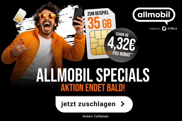 Allmobil Special Angebot mit 35 GB Datenvolumen fr durchschnittlich 4,32 Euro im Monat.