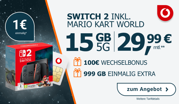 Switch 2 Black inkl. Mario Kart World mit Vodafone-Tarif, 15 GB 5G fr 29,99 Euro monatlich, 1 Euro einmalig, 100 Euro Wechselbonus & einmalig 999 GB Extra!
